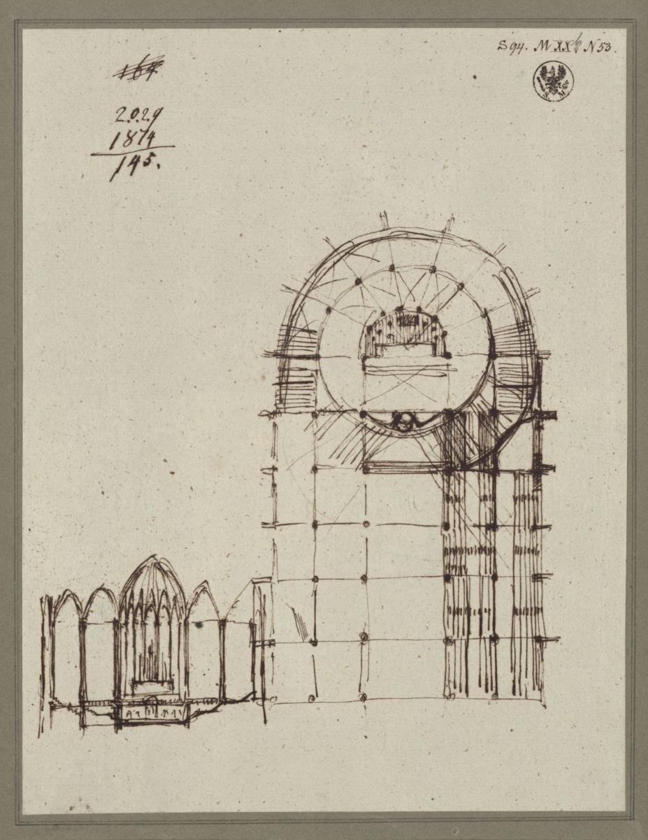 Entwurf zu einer fünfschiffigen Kirche. Grundriss und Querschnitt Berlin. Dom als Denkmal für die Befreiungskriege (?)