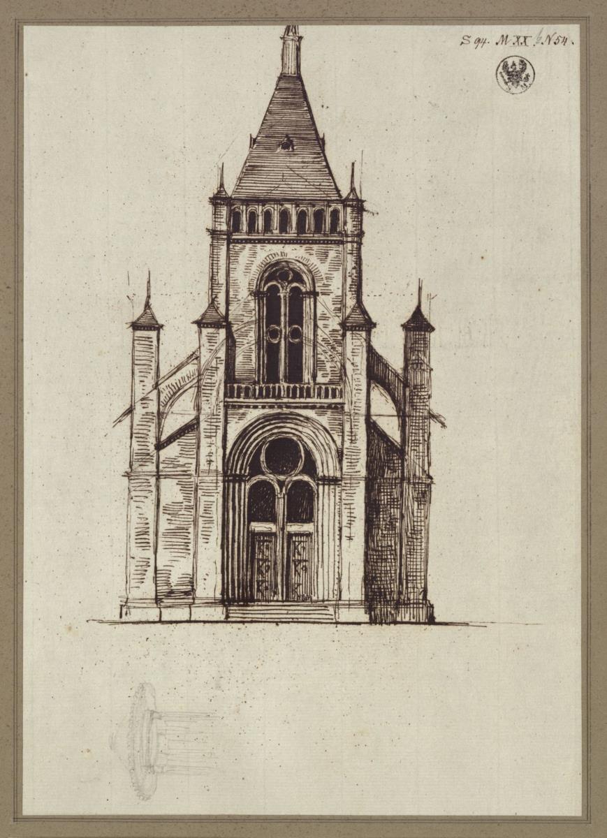 Entwurf zu einer Kirche mit Frontturm und Strebepfeilern. Hauptansicht & Entwurf zu einem Leuchter (?) / Entwurf zu einer Pagode (?)