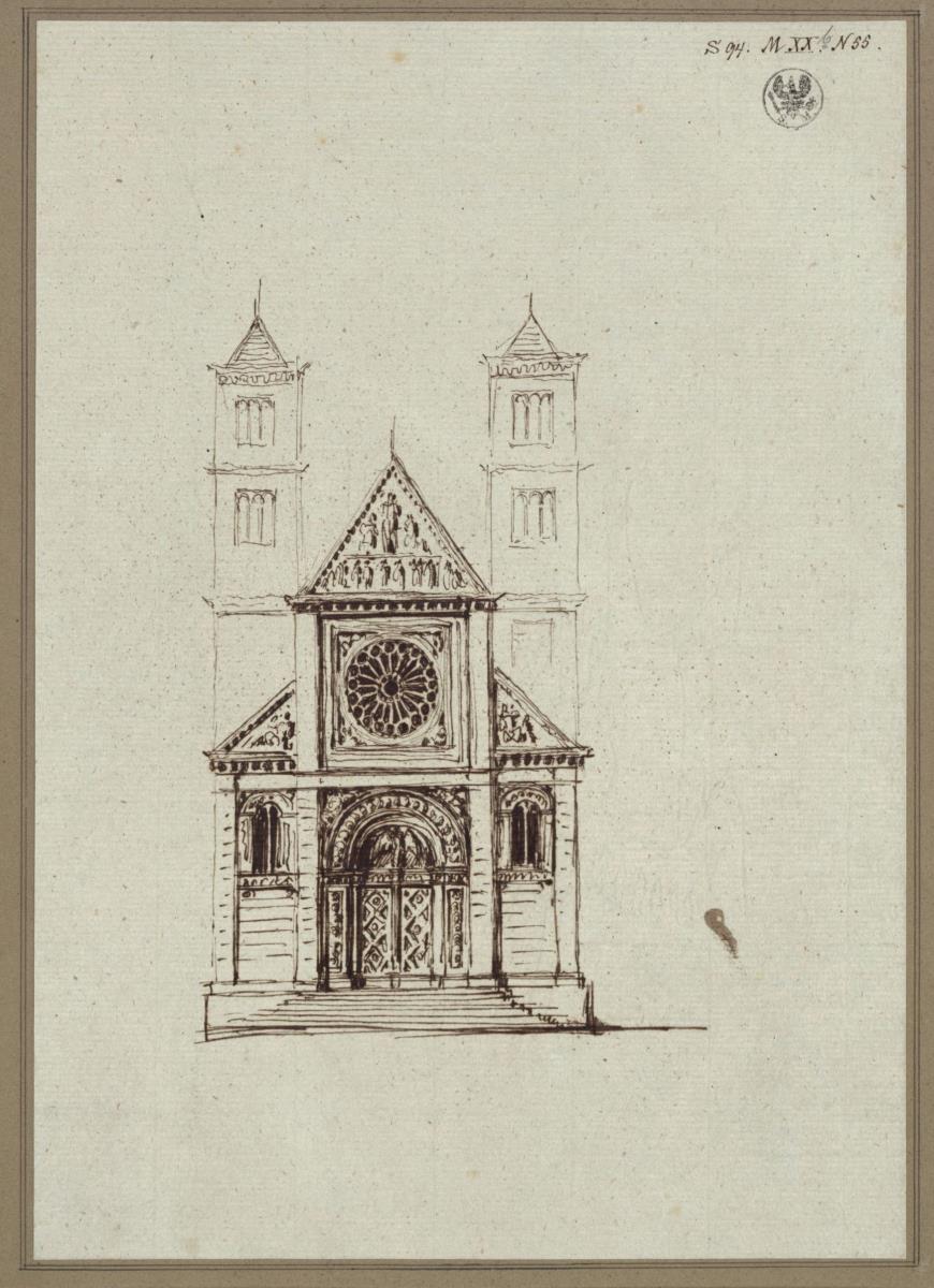Skizze zu einer Basilika. Westansicht mit zwei Türmen und Fensterrose