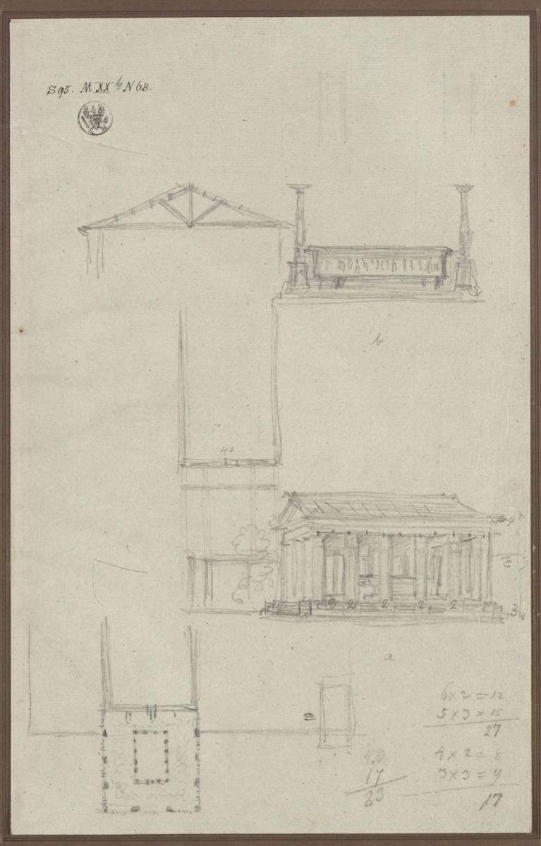 Offener Säulenbau. Ansicht, Grundriss und Details & Sarkophag und Kandelaber (zum Luisenmausoleum ?)