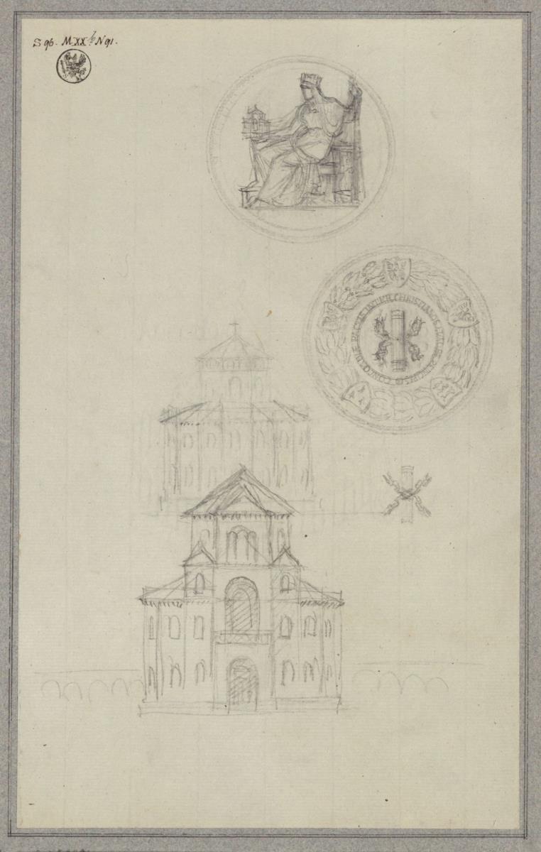 Entwurf zur Medaille auf den Aachener Kongress. Avers Lorbeerkranz mit Wappen und Symbol der Einigkeit. Revers Personifikation der Stadt & Zwei Rekonstruktionen der karolingischen Pfalzkapelle