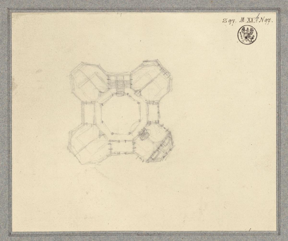 Ostrowo (Ostrów Wielkopolski), ehemals Regierungsbezirk Posen (Województwo Wielkopolskie). Jagdschloss Antonin (?). Entwurf zu einem achteckigen Gebäude. Grundriss