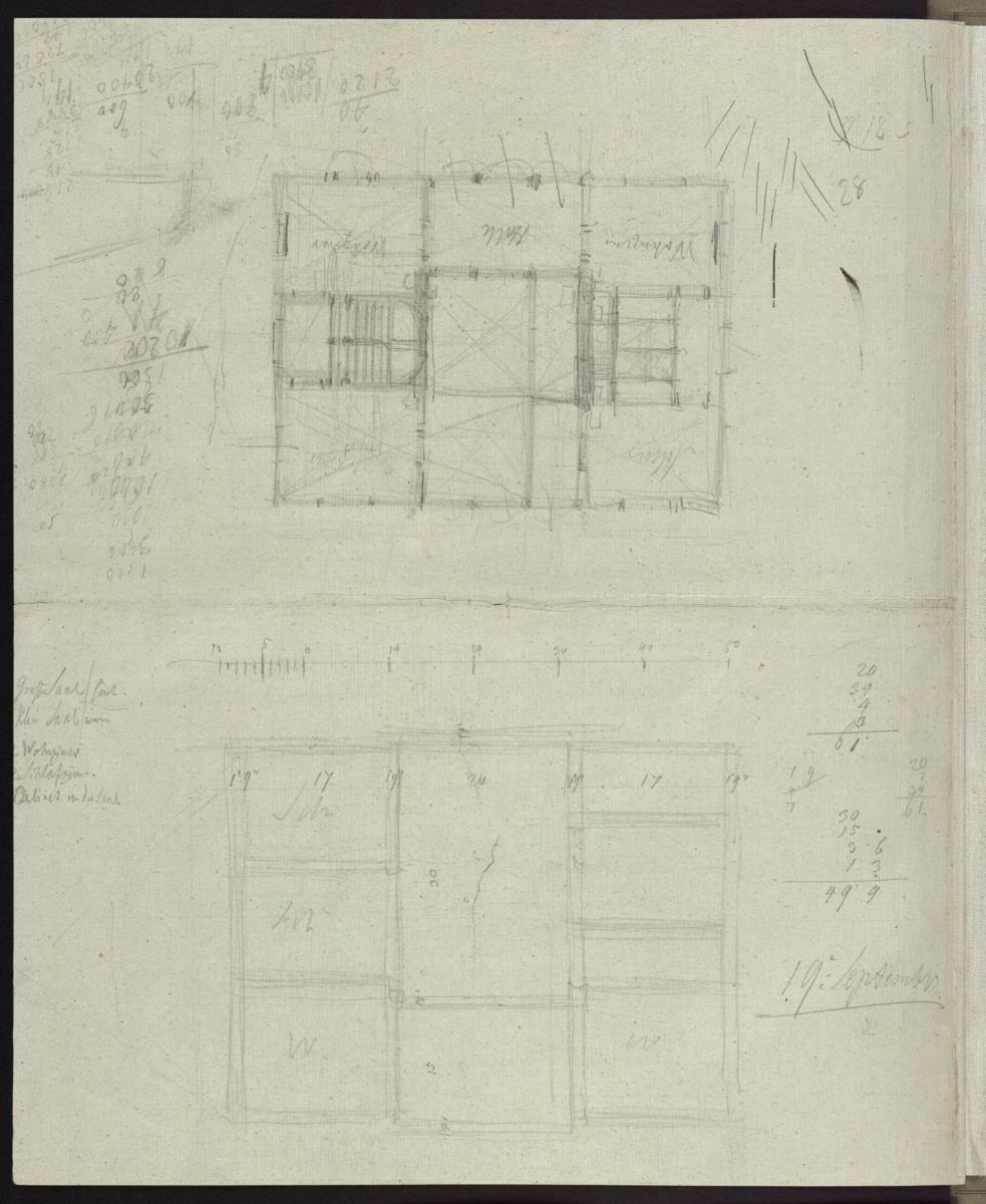 Berlin, Charlottenburg. Grundrissstudien zum Landhaus des Seidenfabrikanten George Abraham Gabain & Notizen & Zahlenkolonnen
