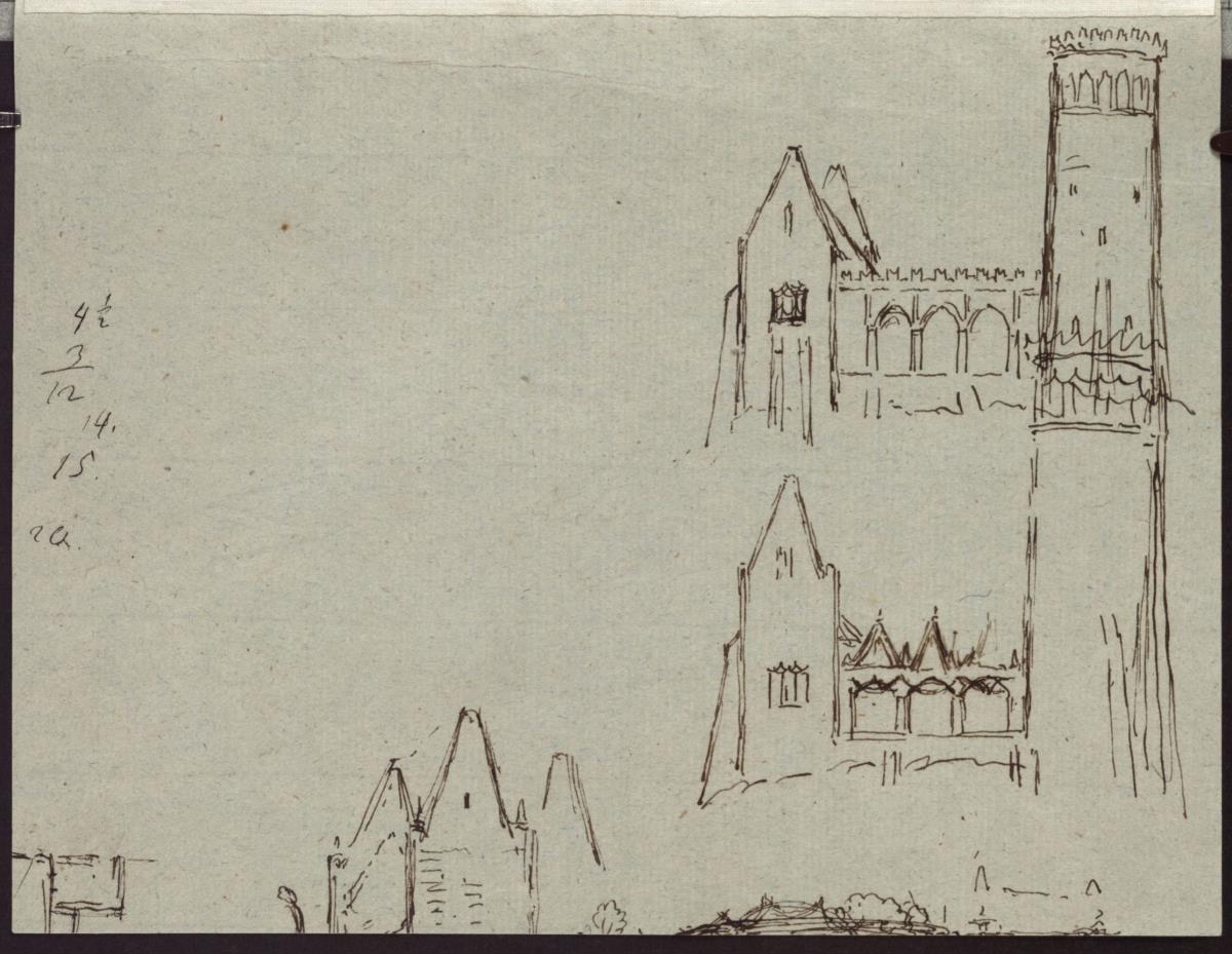 Studien zu einem Giebelbau mit verbindender Arkade und Turm