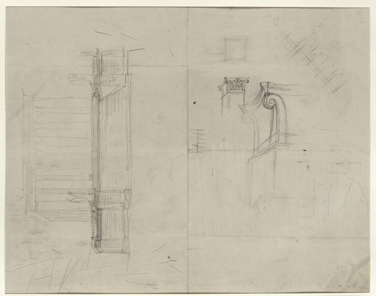 Säulenbau mit einer vorgelagerten Freitreppe & Studien zu einer Colonna quadrata oder einem Eckpilaster