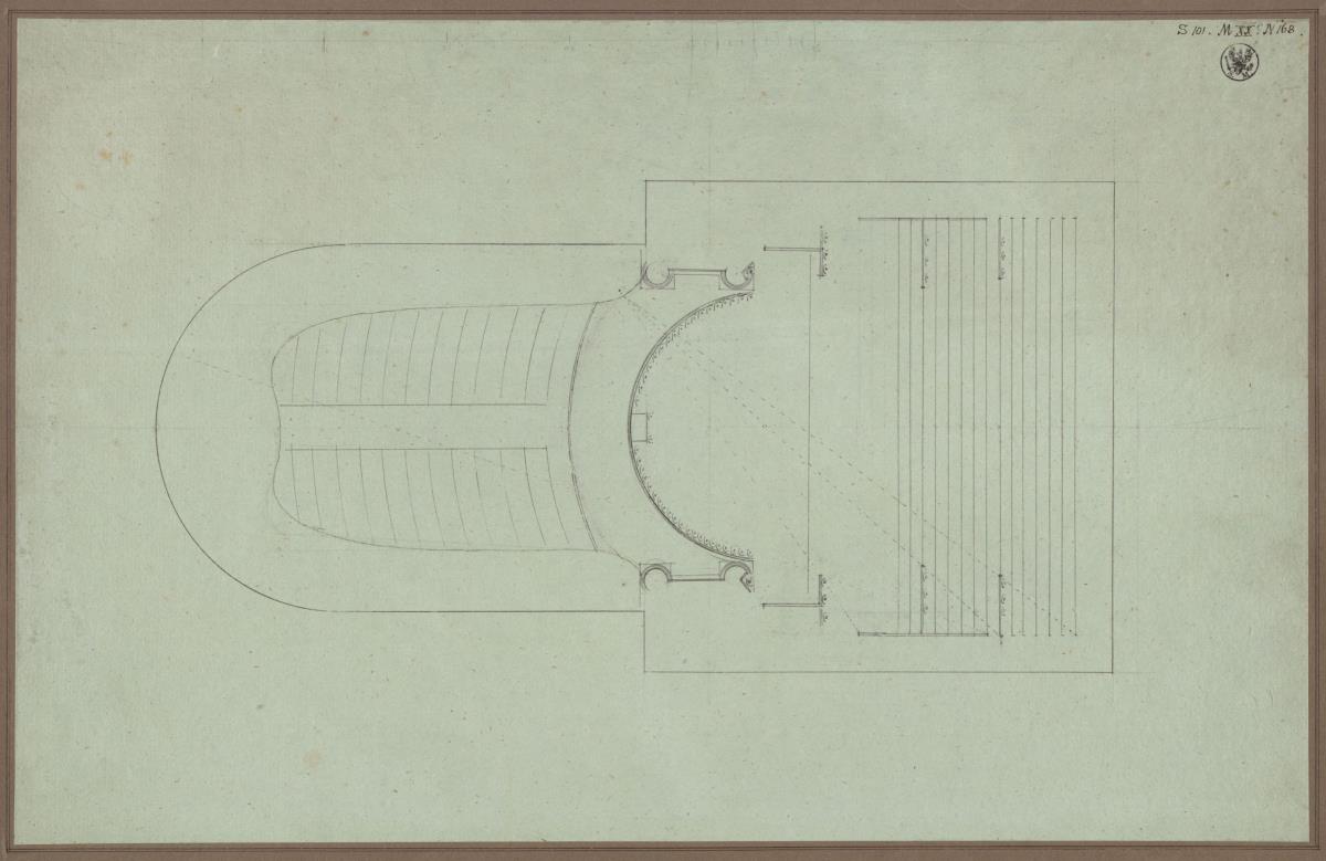 Studie zu einem Theater. Grundriss / Berlin. Langhans'sches Schauspielhaus (Nationaltheater) auf dem Gendarmenmarkt (?). Studie zum Umbau