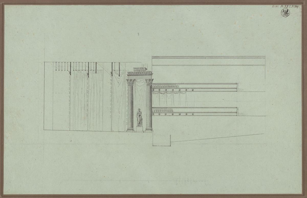 Entwurf zu einem Theater. Schnitt durch Bühne und Zuschauerraum  / Berlin. Langhans'sches Schauspielhaus (Nationaltheater) auf dem Gendarmenmarkt (?)
