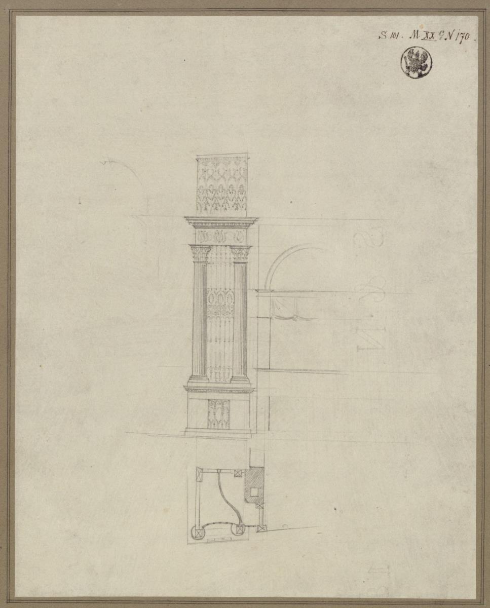 Entwurf zu einem Theater. Grundriss und Schnitt durch die Proszeniumsloge /  / Berlin. Langhans'sches Schauspielhaus (Nationaltheater) auf dem Gendarmenmarkt (?)