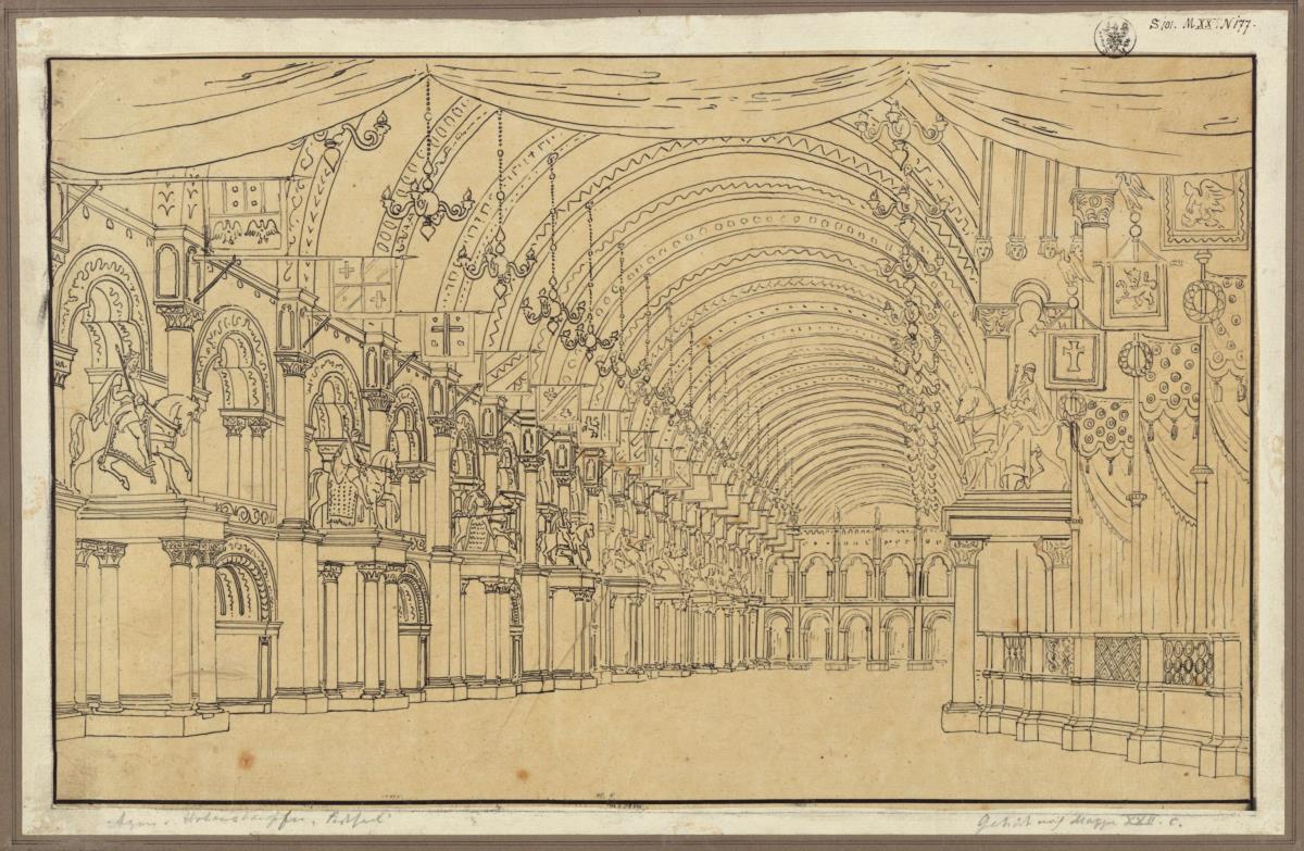 Agnes von Hohenstaufen. Oper von Gaspare Spontini. Pause auf Kalkierpapier zur VII. Dekoration. Festsaal