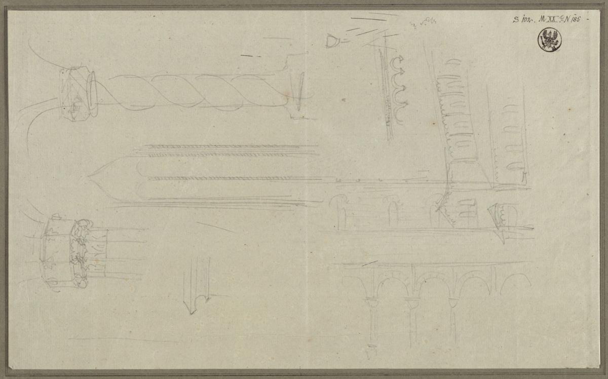 Byzantinische Architekturdetails. Entwurf zu einer romanischen Kirche & Rundbogenarkaden & Bündelpfeiler & Gewundene Säule & Kapitell