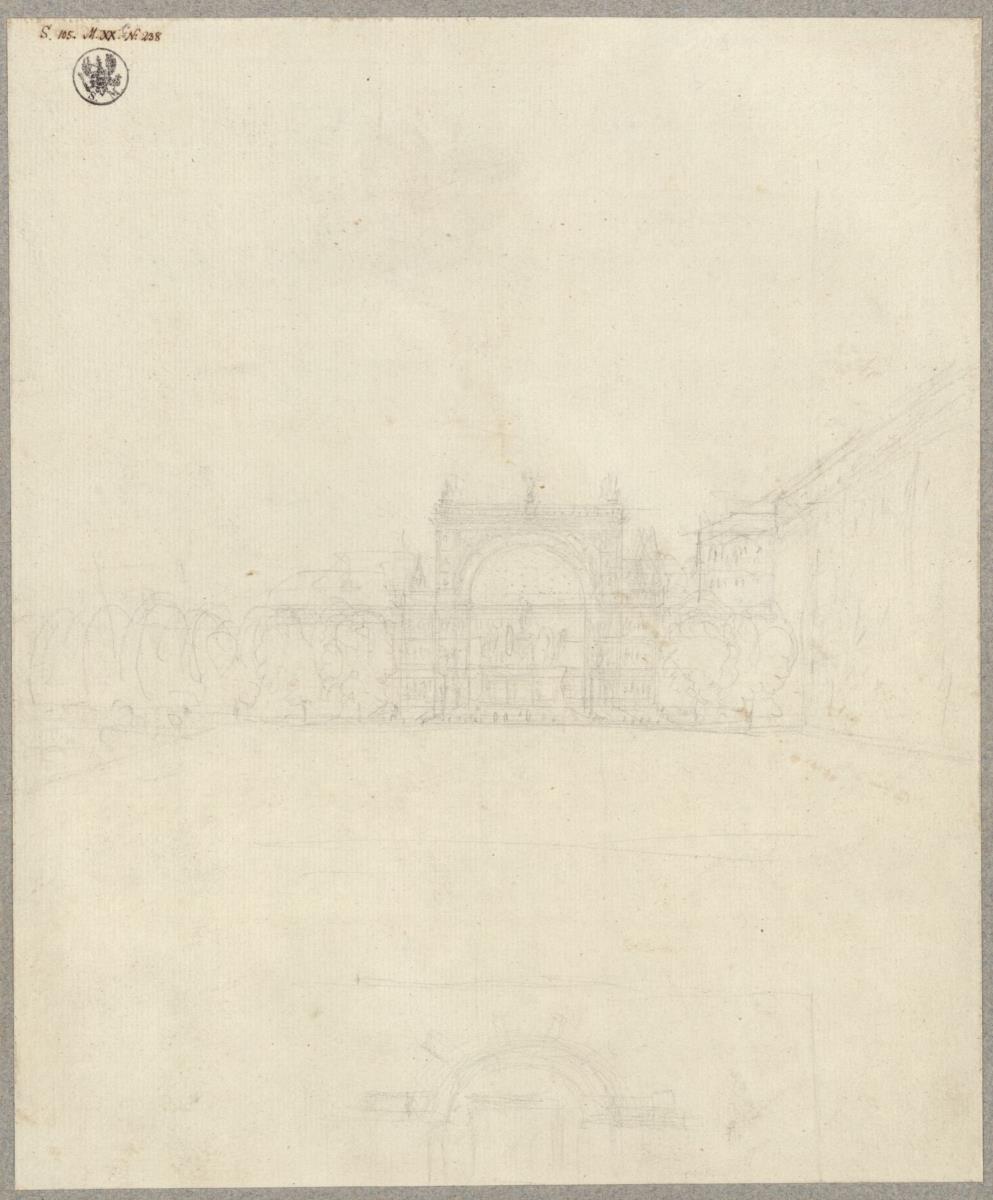 Berlin, Lustgarten. Denkmal für Friedrich II., den Großen, als Quadriga in einer monumentalen Bogenarchitektur anstelle des Apothekenflügels des Schlosses