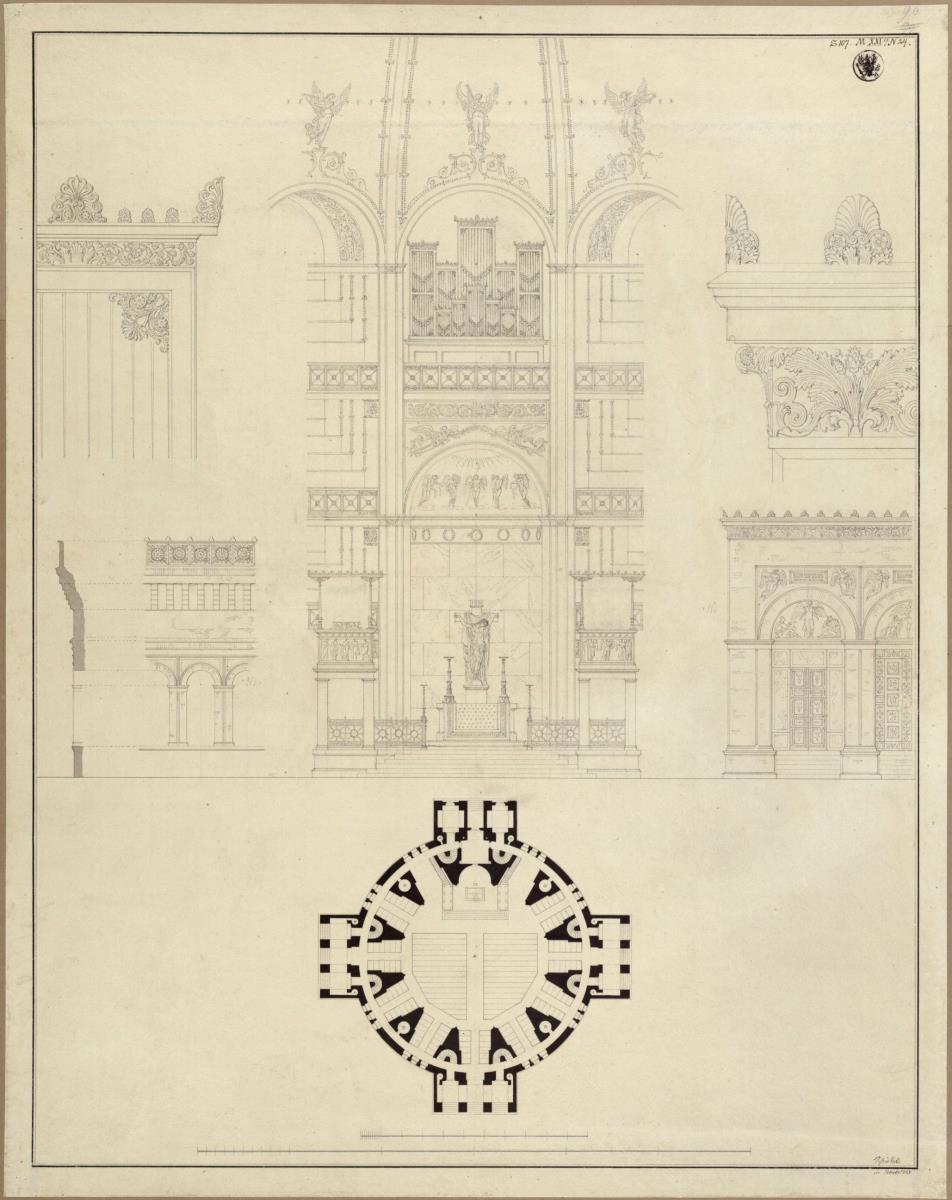 Berlin, Oranienburger Vorstadt. Entwurf zu einer Kirche (Vorstadtkirche Typ 4, "Kirche im Kreisrund"). Grundriss, Aufriss der Altarwand und Details