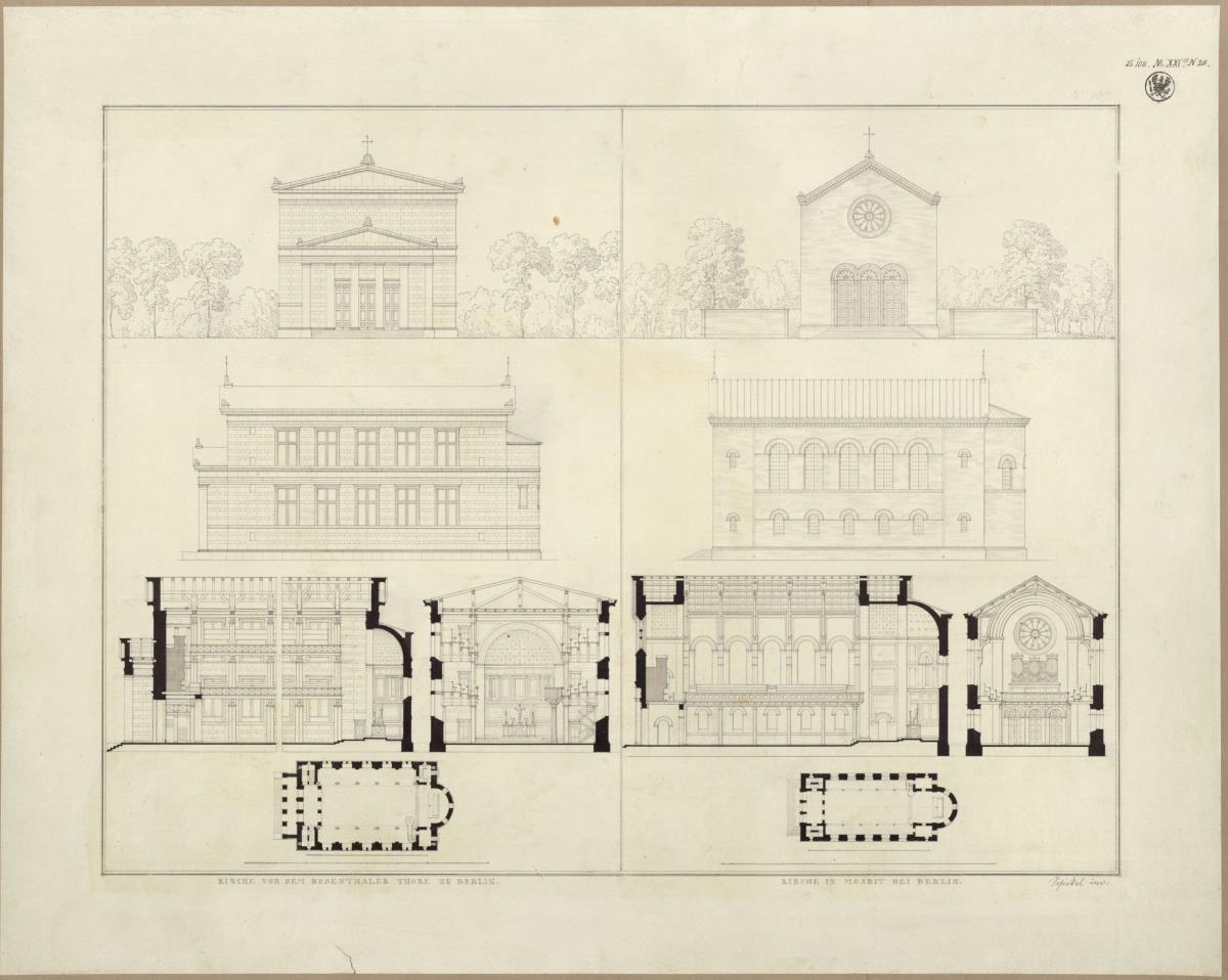 Berlin. Elisabethkirche vor dem Rosenthaler Tor und St. Johann in Moabit. Typ A und B. Aufrisse der Frontseiten und der Längsseiten, Querschnitte