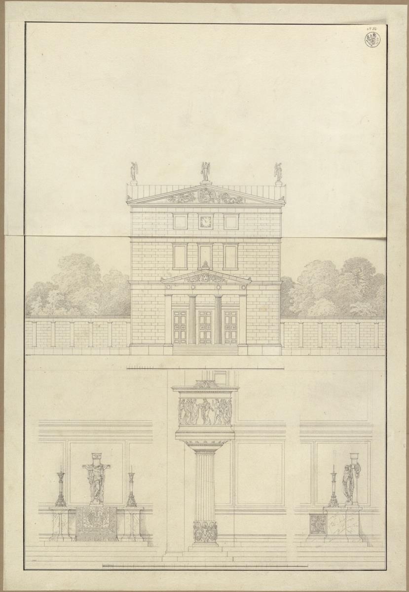 Entwurf  zu einer kleinen Kirche über quadratischem Grundriss, zum Altar und zur Kanzel. Vorzeichnung zum Stich in der "Sammlung architektonischer Entwürfe", Heft 11, Tafel 68, 1826