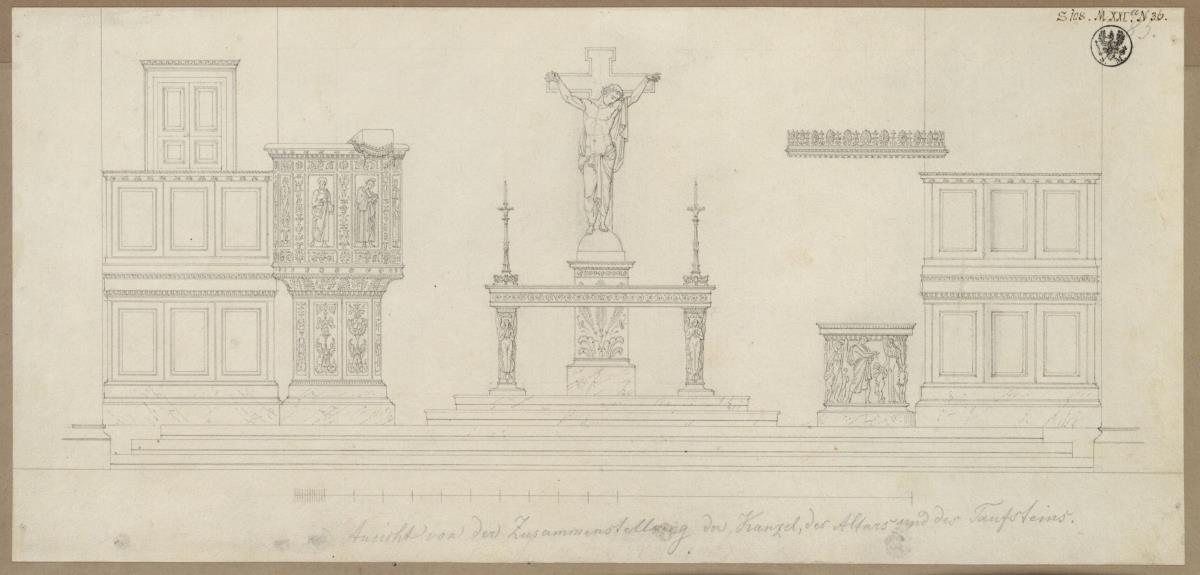 Straupitz. Entwurf zur Dorfkirche. Altar, Kanzel und Taufstein