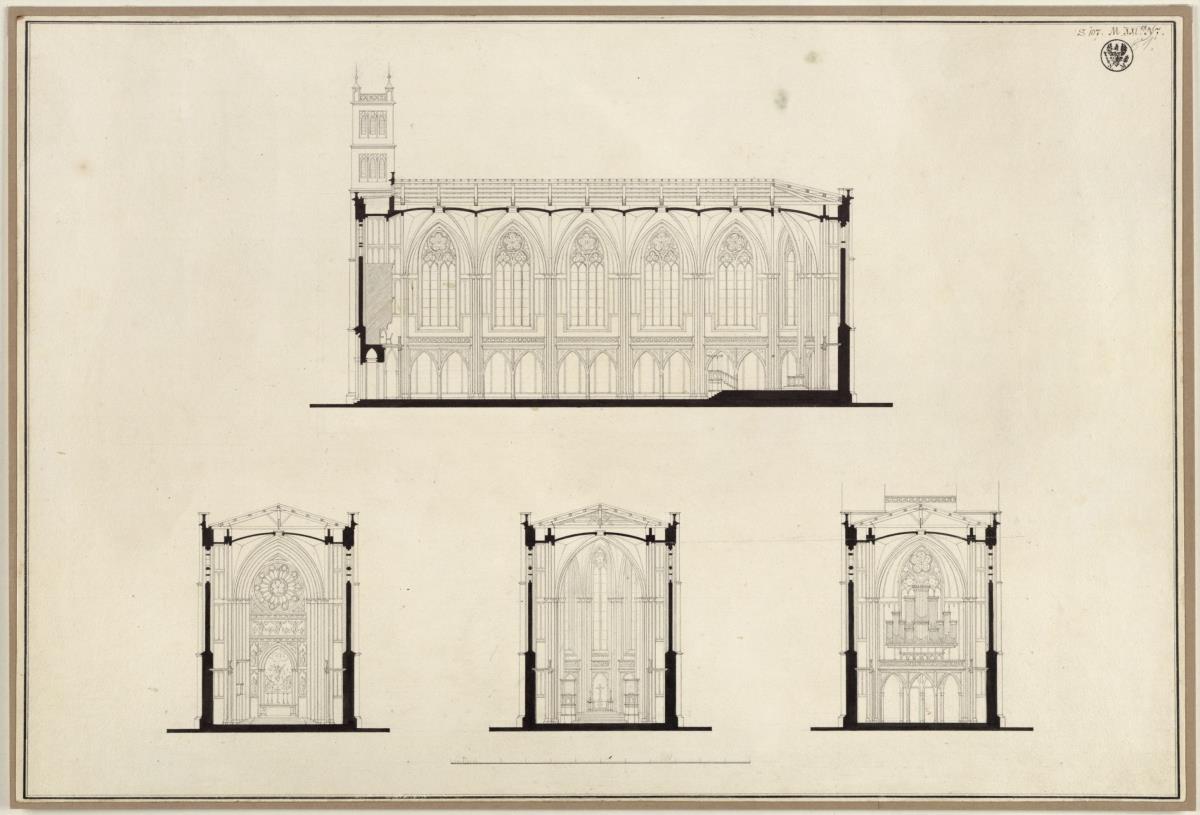 Berlin. Friedrichswerdersche Kirche. Ausgeführter Entwurf. Längsschnitt und Querschnitte