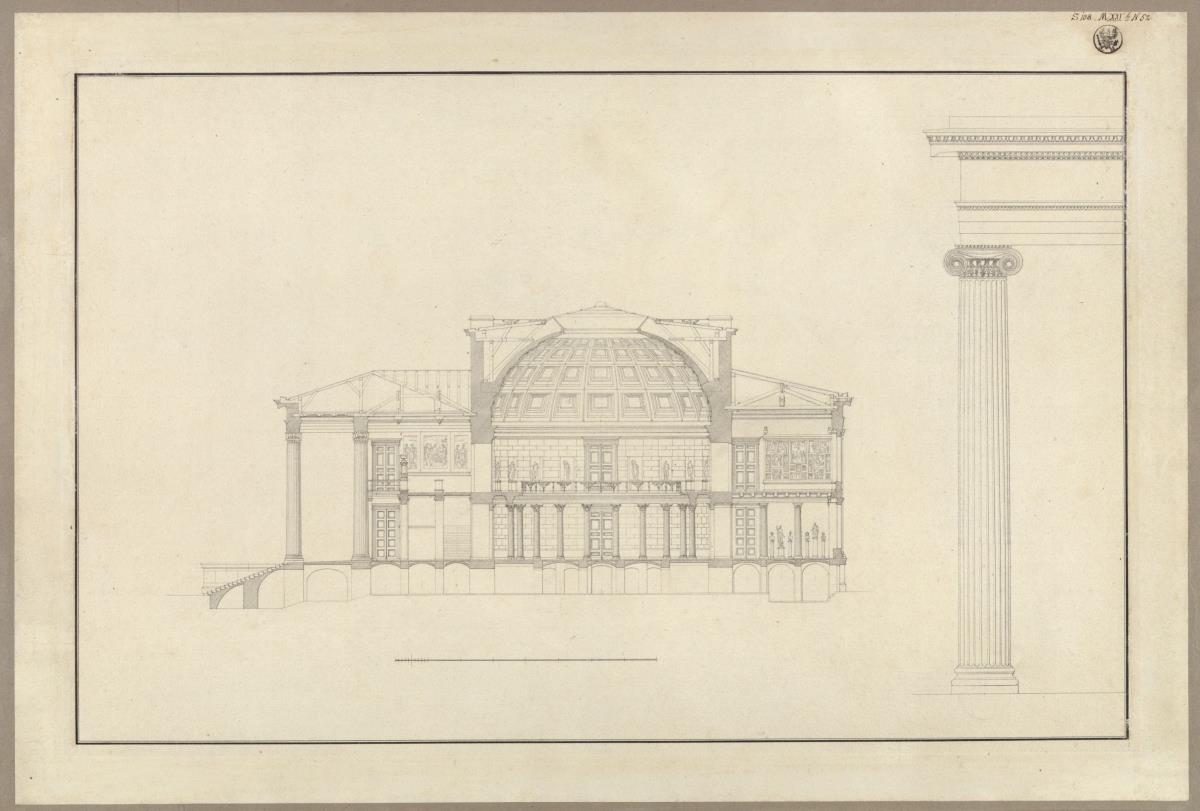 Berlin. Altes Museum am Lustgarten. Querschnitt des Gebäudes, Aufriss einer Säule und des Gebälks der Vorhalle