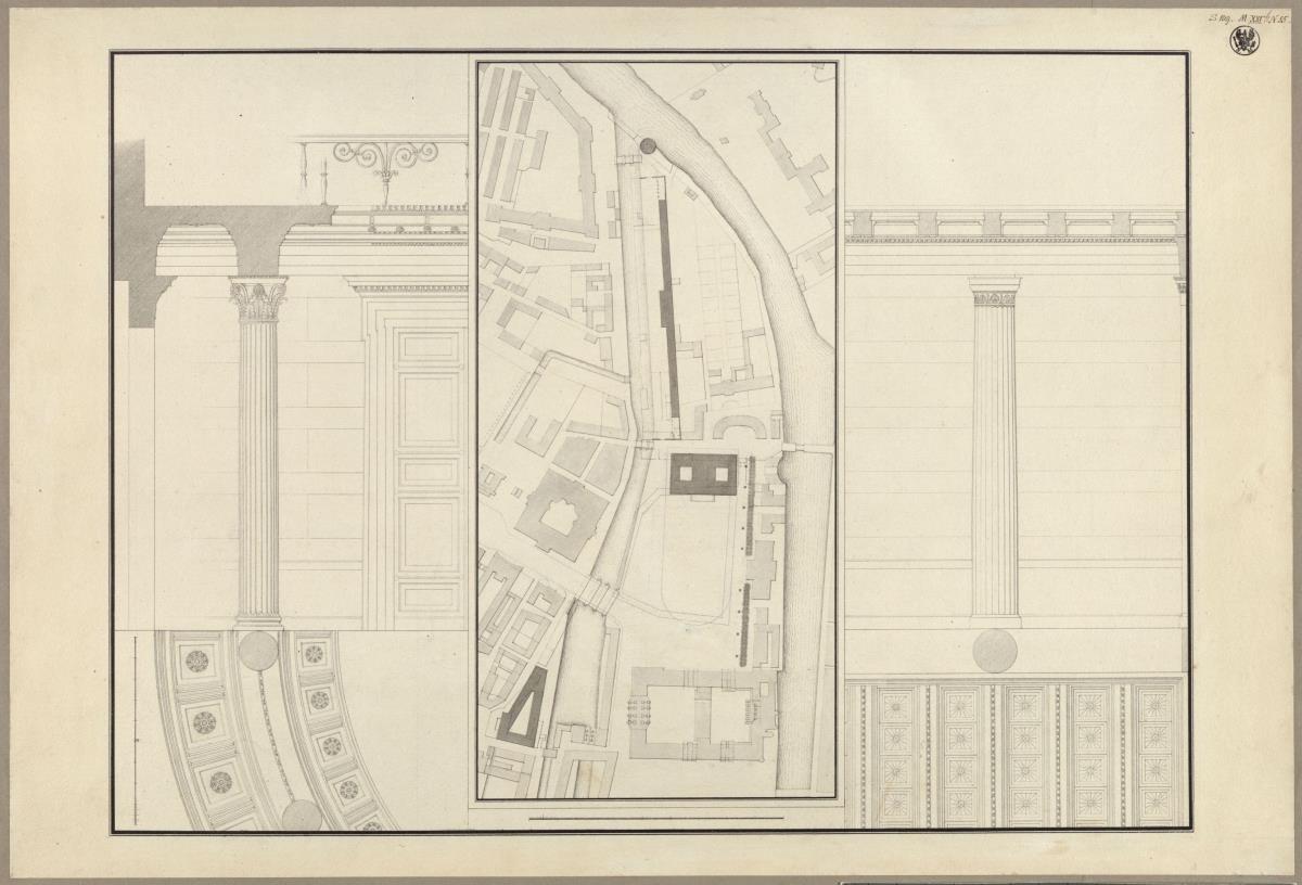 Berlin. Altes Museum am Lustgarten. Situationsplan, Details zu den Säulen und zur Kassettierung der Decke im Vestibül