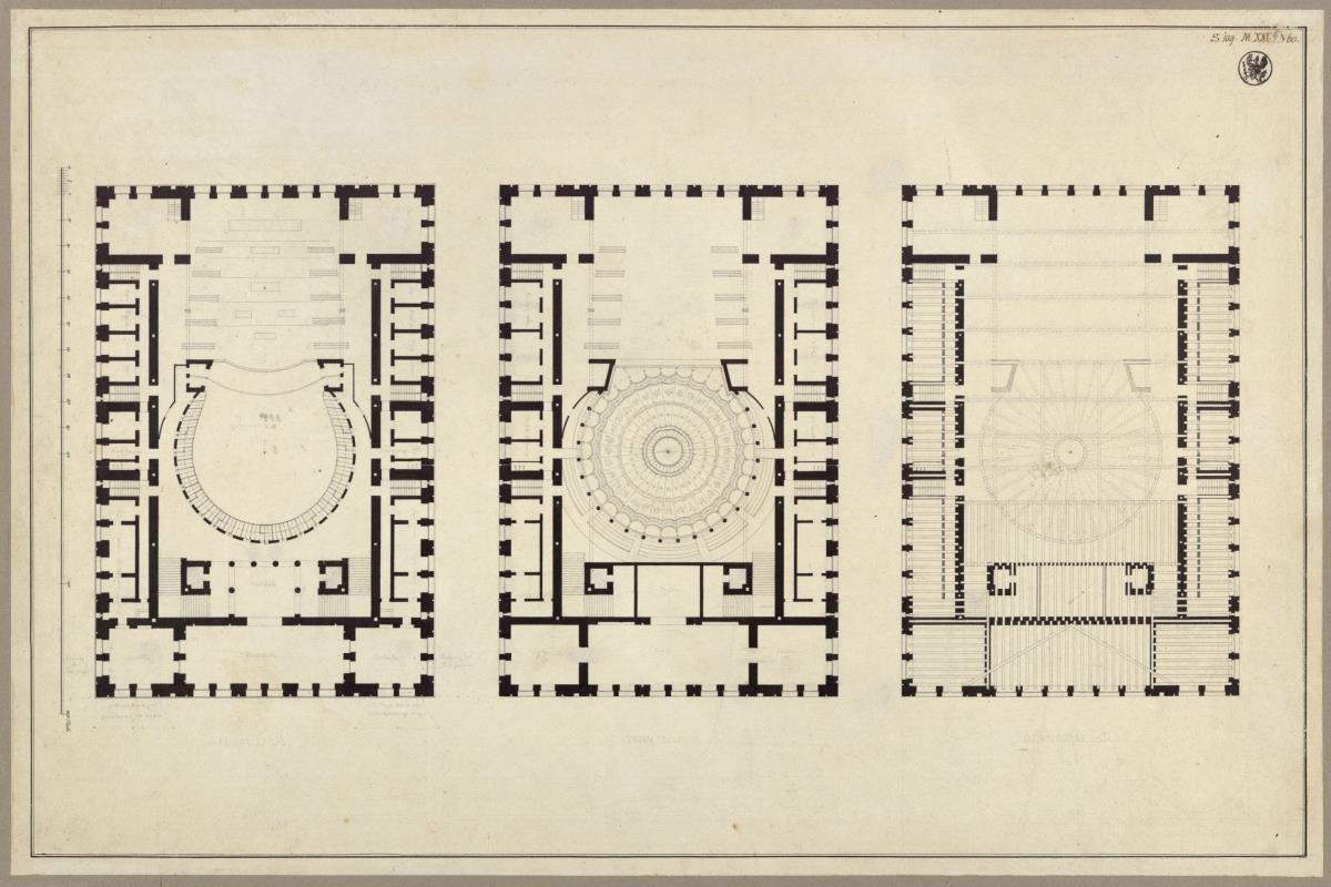 Hamburg. Theater. Grundrisse. Vorzeichnung zum Stich in der "Sammlung architektonischer Entwürfe", Heft 12, Tafel 73, 1828