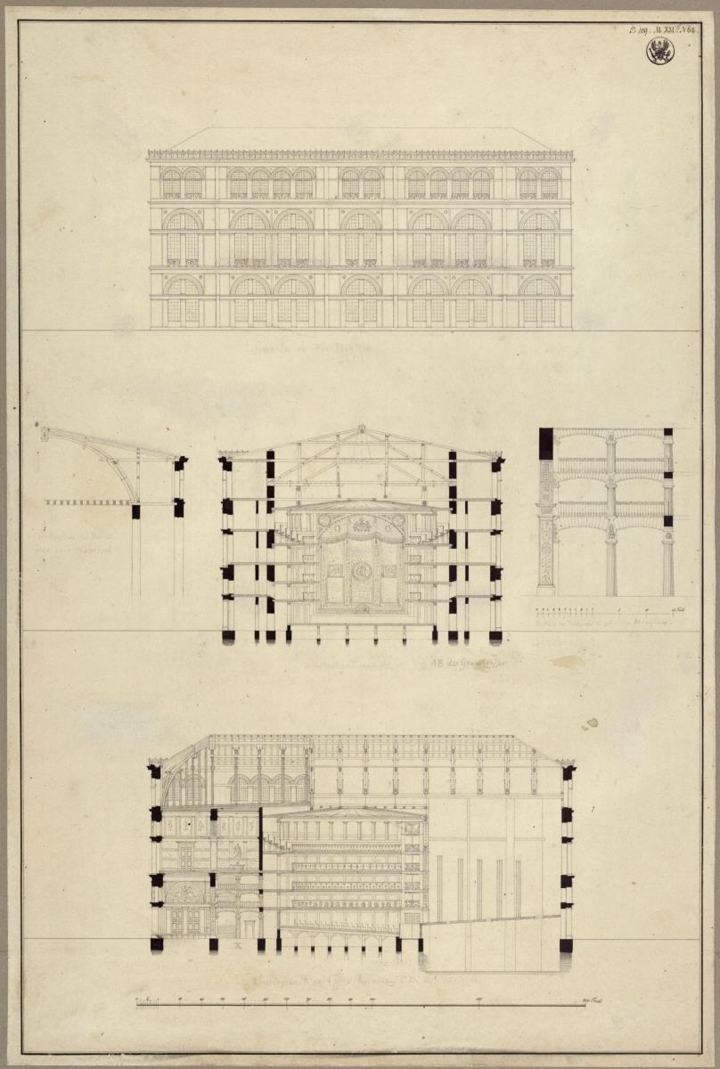 Hamburg. Theater. Quer- und Längsschnitte, Seitenansicht. Vorzeichnung zum Stich in der "Sammlung architektonischer Entwürfe", Heft 12, Tafel 76, 1828