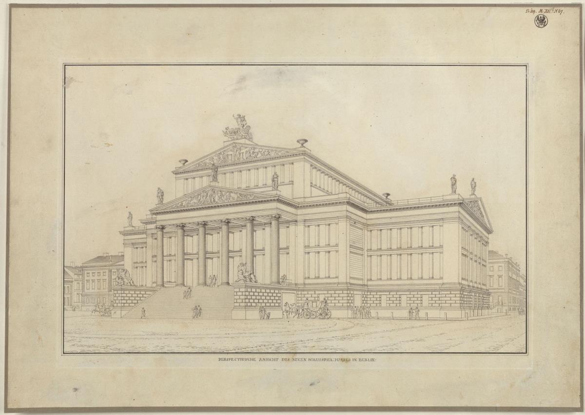 Berlin. Schauspielhaus auf dem Gendarmenmarkt. Perspektivische Ansicht der Vorderseite