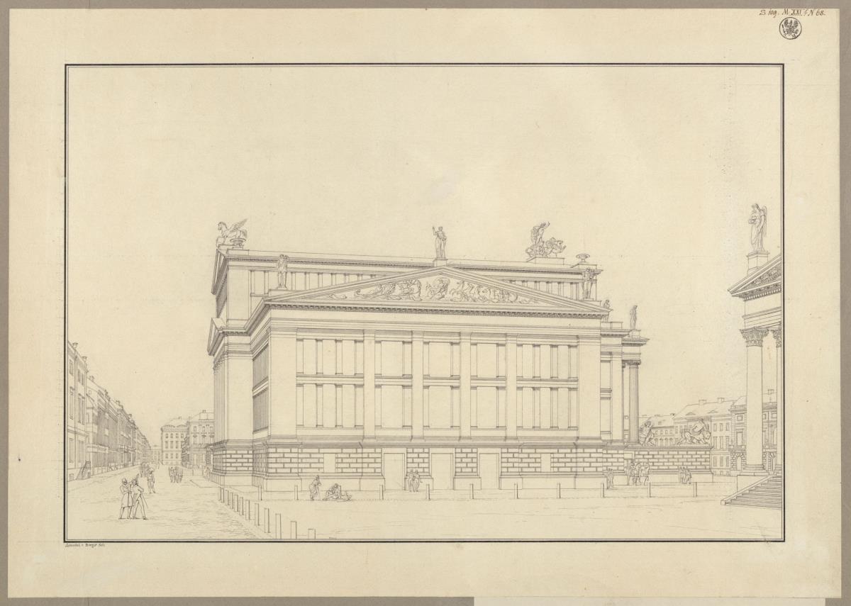Berlin. Schauspielhaus auf dem Gendarmenmarkt. Perspektivische Ansicht von der Seite