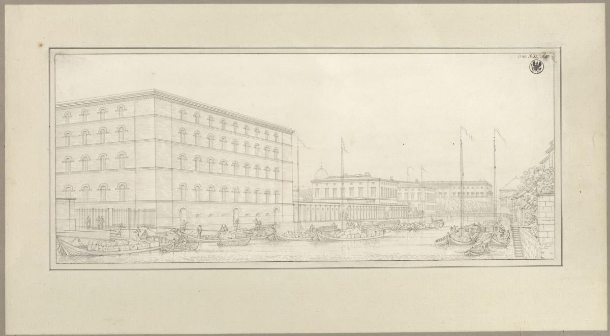 Berlin, Kupfergraben. Packhof. Perspektivische Ansicht der gesamten Anlage zur Schlossbrücke nach Süden