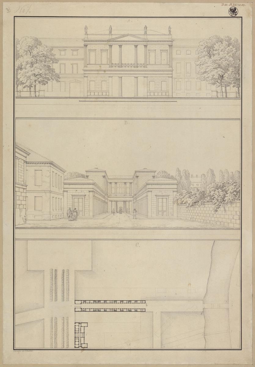 Berlin, Unter den Linden 76, Durchgang zur Neuen Wilhelmstraße. Grundriss und perspektivische Ansicht