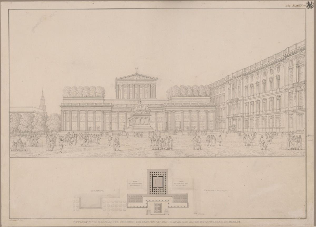 Berlin, Lustgarten. Entwurf für ein Friedrichsdenkmal als Ehrenhalle mit Quadriga anstelle der alten Hofapotheke
