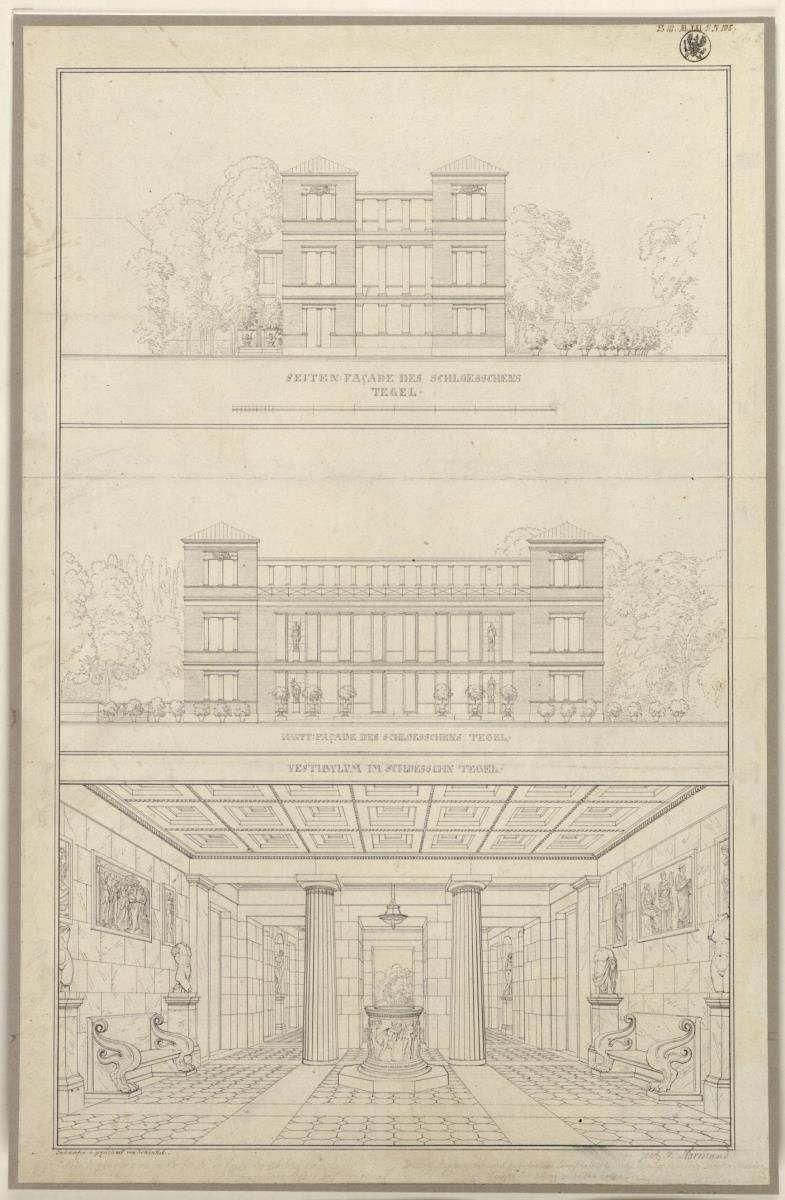 Berlin. Schloss Tegel. Seiten- und Hauptfassade und Vestibül
