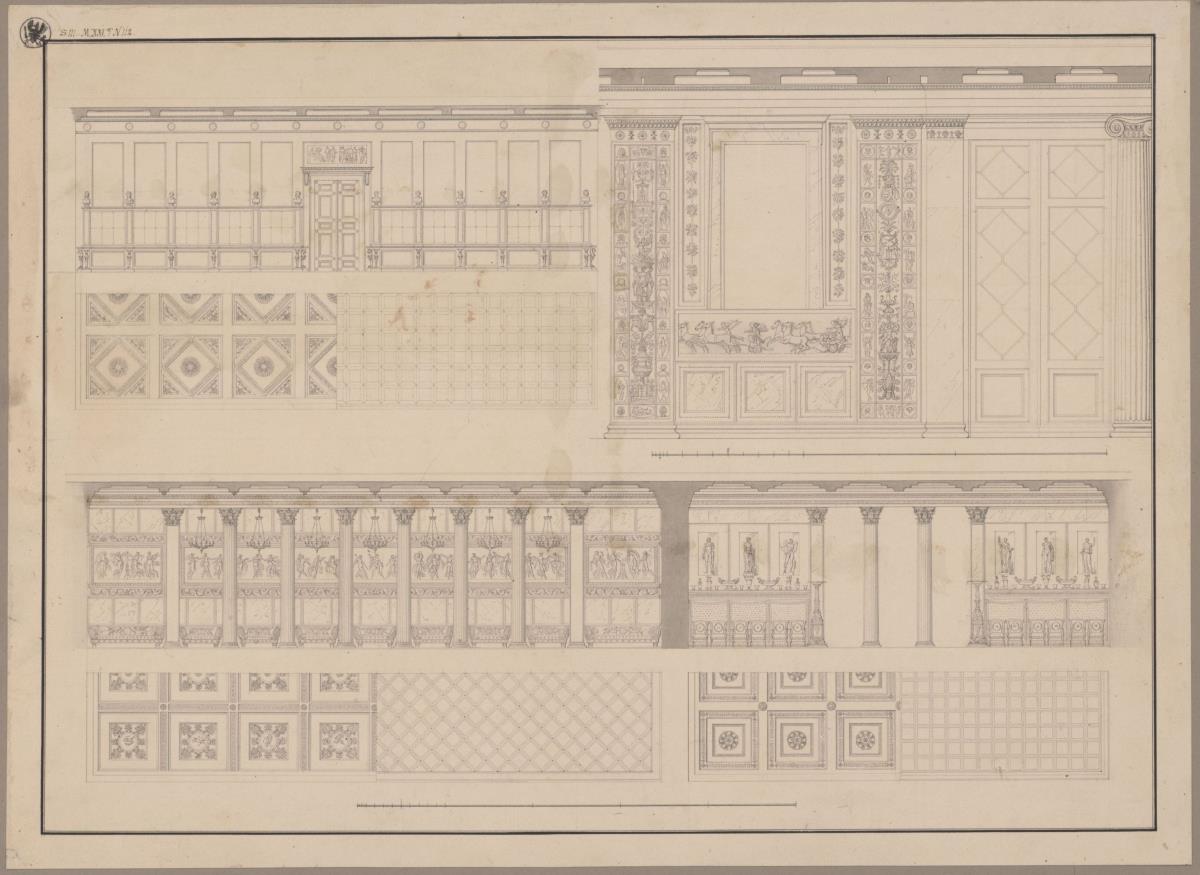 Kressendorf (Krzeszowice) bei Krakau. Schloss. Wandaufrisse von Bibliothek, Speisesaal und Tanzsaal mit Galerie