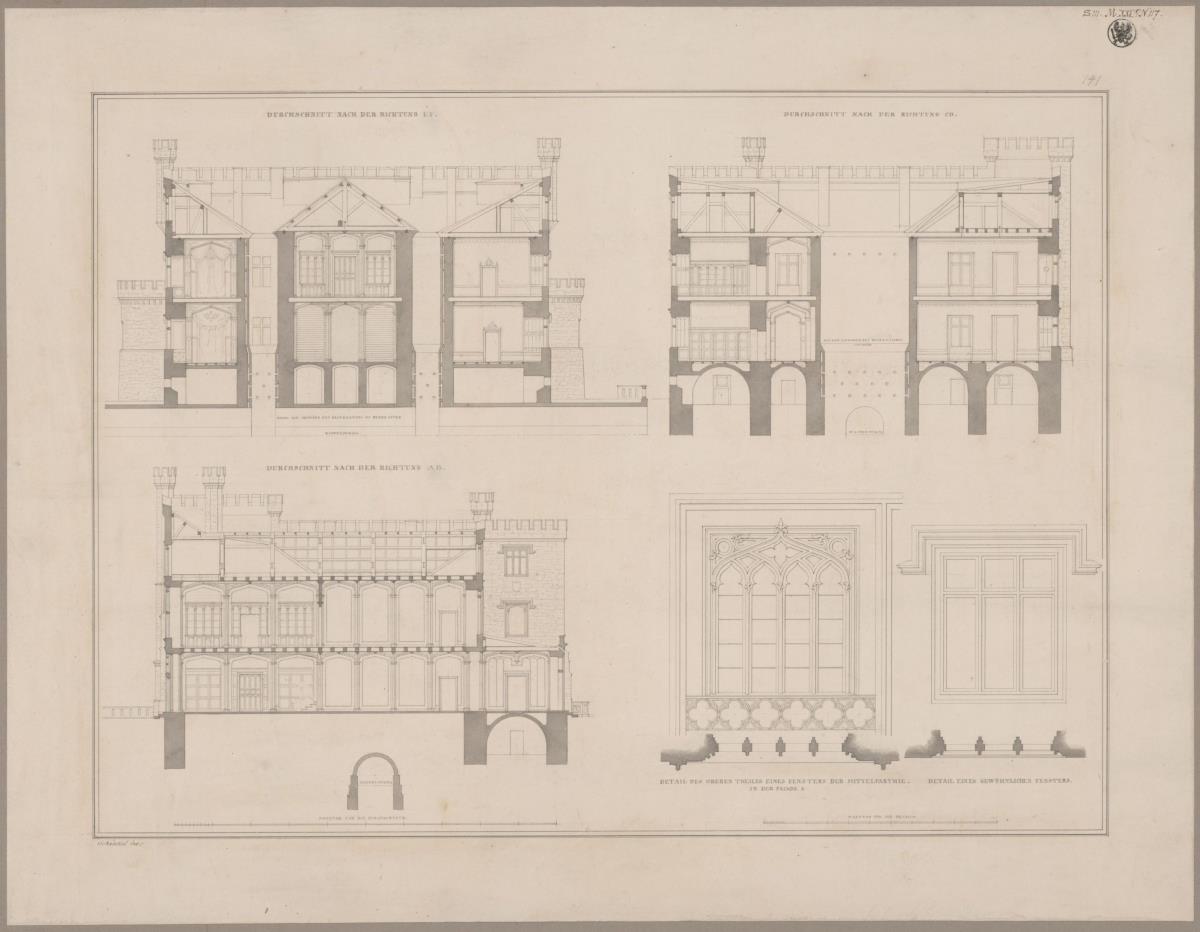 Kurnik (Kórnik), Regierungsbezirk Posen (Województwo Wielkopolskie). Schloss. Schnitte und Details