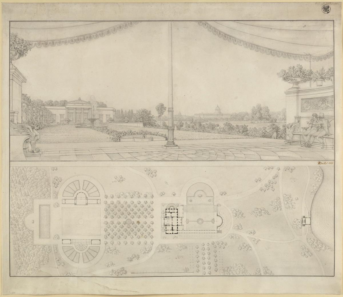 Potsdam-Sanssouci. Schloss Charlottenhof. Ansicht von der Exedra und Grundriss