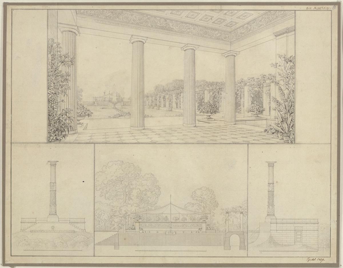 Potsdam-Sanssouci. Schloss Charlottenhof. Ansicht von der Exedra auf Schloss und Park