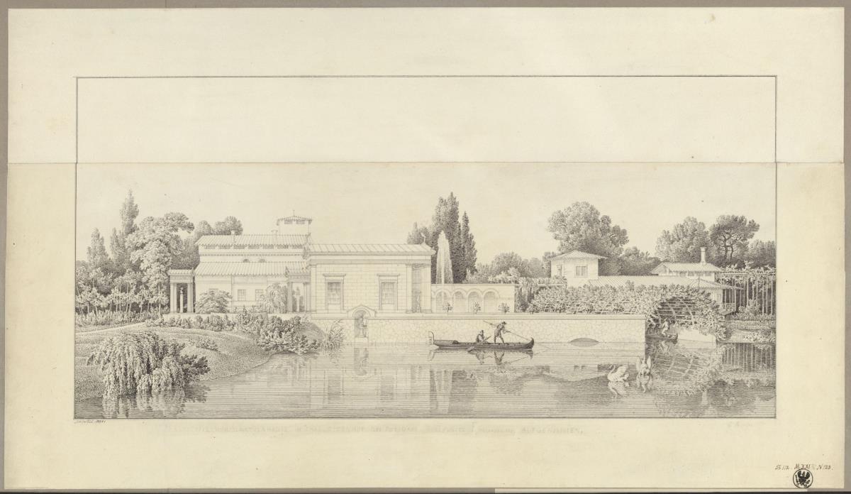 Potsdam-Sanssouci. Römische Bäder bei Schloss Charlottenhof, Gärtnerhaus von der Wasserseite