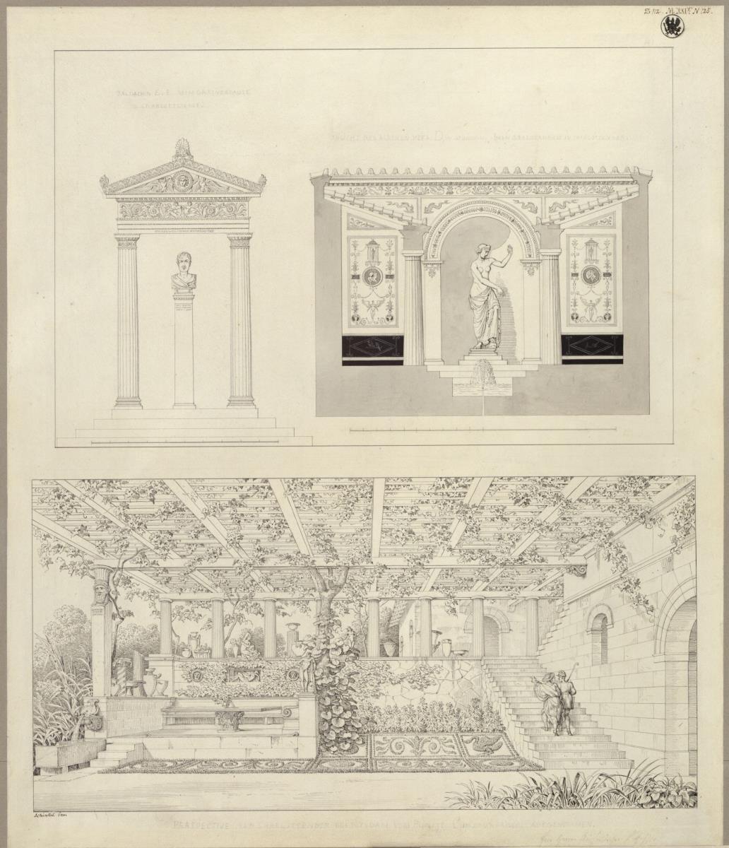 Potsdam-Sanssouci. Römische Bäder bei Schloss Charlottenhof. Laube und weitere Details