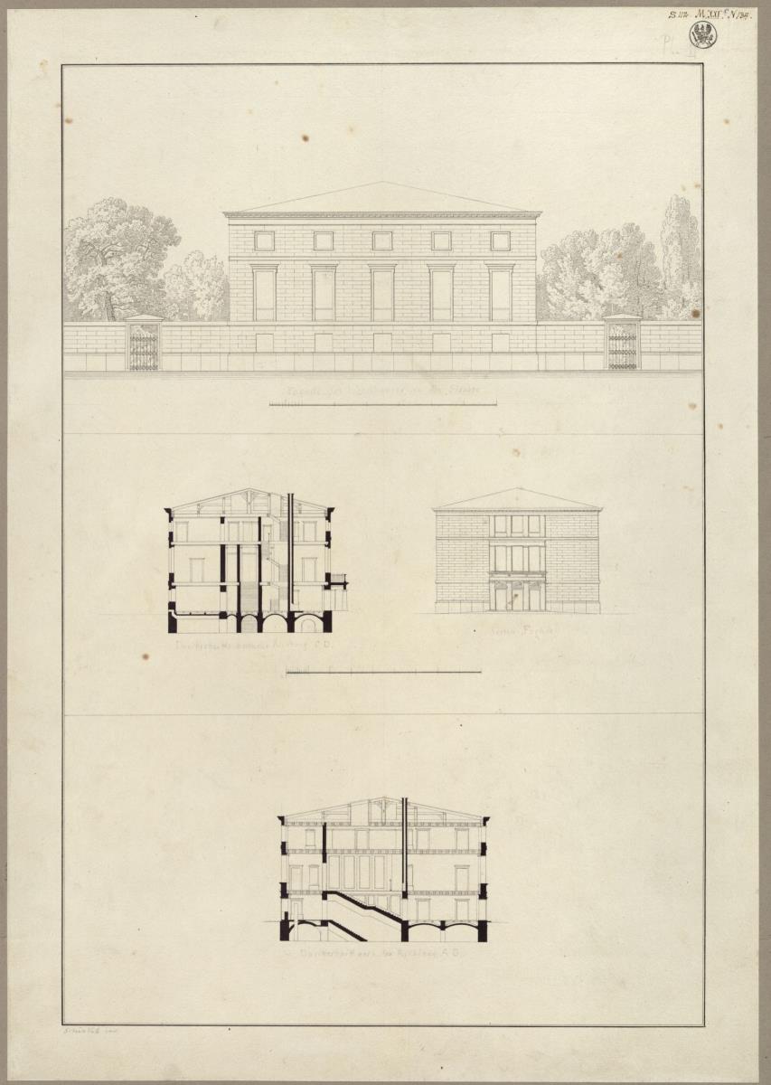 Entwurf zu einem städtischen Wohngebäude. Vorzeichnung zum Stich in der "Sammlung architektonischer Entwürfe", Heft 9, Tafel 56, 1826