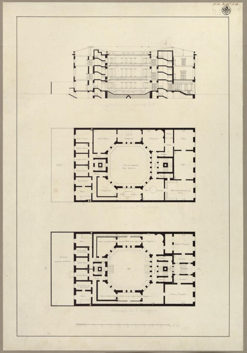 Entwurf zu einem städtischen Wohngebäude. Vorzeichnung zum Stich in der "Sammlung architektonischer Entwürfe", Heft 9, Tafel 59, 1826