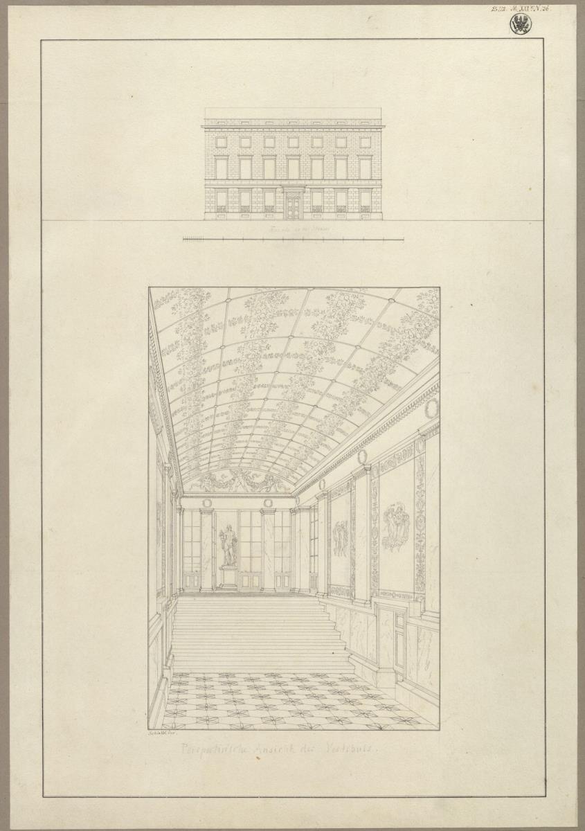 Entwurf zu einem städtischen Wohngebäude. Vorzeichnung zum Stich in der "Sammlung architektonischer Entwürfe", Heft 9, Tafel 58, 1826