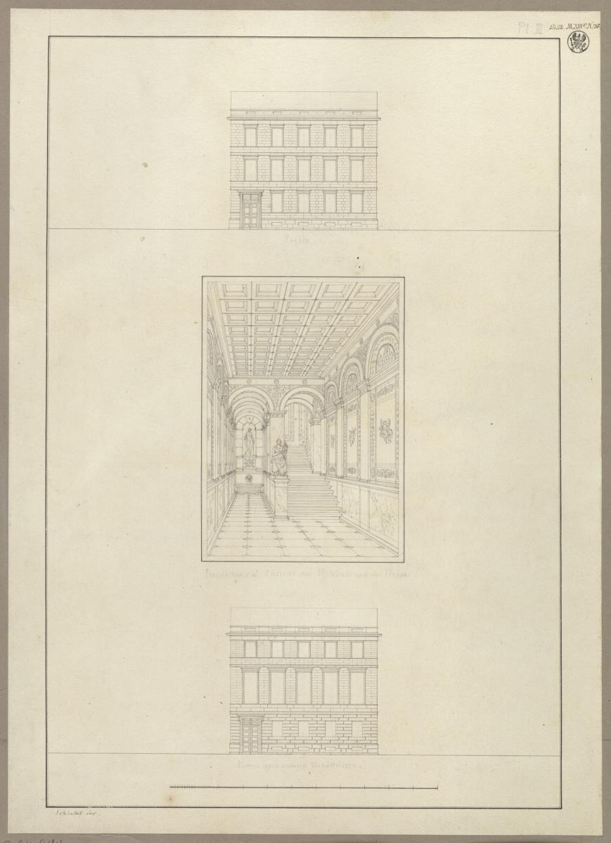 Entwurf zu einem städtischen Wohngebäude. Vorzeichnung zum Stich in der "Sammlung architektonischer Entwürfe", Heft 10, Tafel 63, 1826