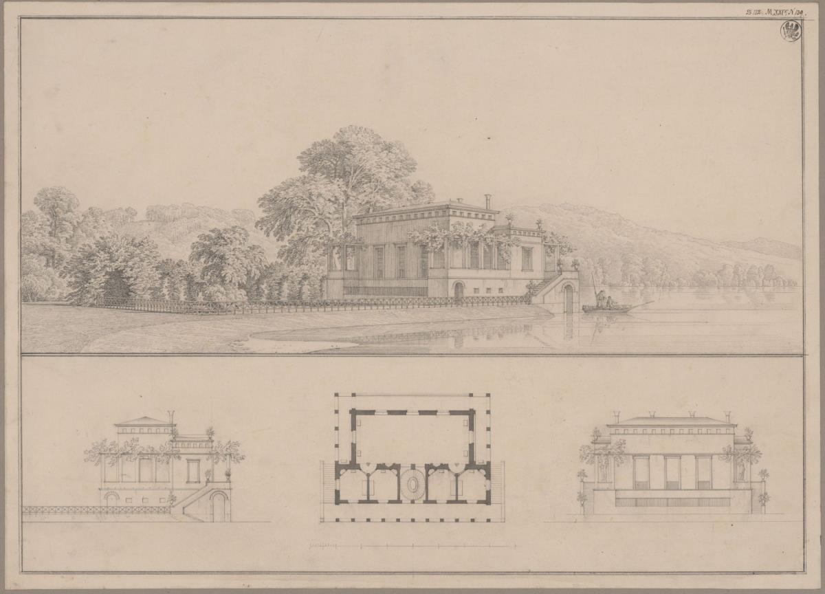 Potsdam. Entwurf zu einem Lusthaus an der Havel. Grundriss, Aufrisse und Ansicht