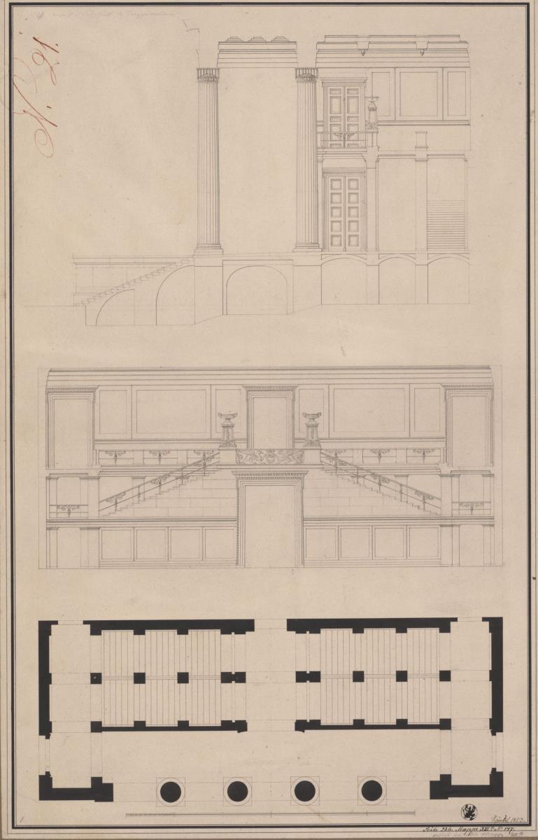 Berlin. Altes Museum am Lustgarten. Querschnitt, Aufriss und Grundriss des Vestibüls und der Haupttreppe