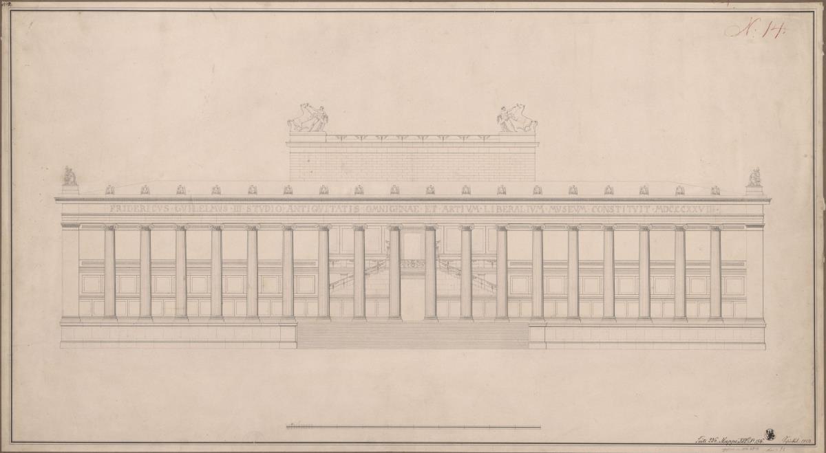 Berlin. Altes Museum am Lustgarten. Aufriss der Hauptfassade mit der Inschrift