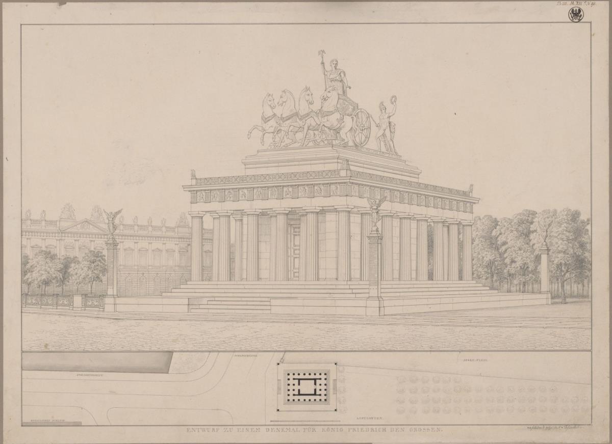 Berlin, Lustgarten. Entwurf für ein Friedrichsdenkmal, des Großen. Ansicht und Lageplan mit Grundriss