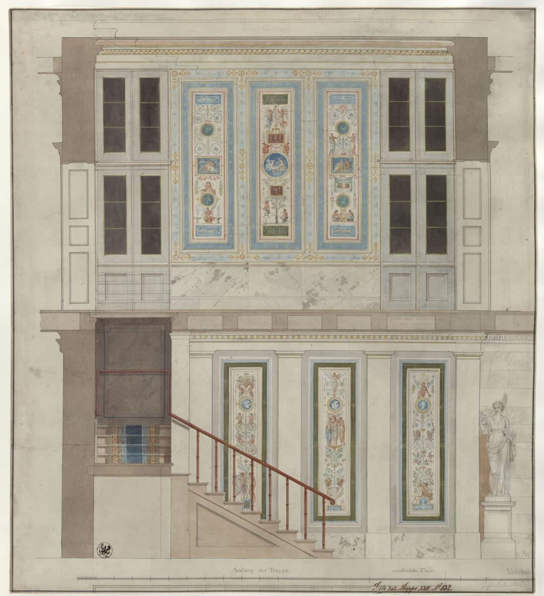 Berlin. Schloss Charlottenburg, Schlosspark, Neuer Pavillon (Schinkel-Pavillon). Schnitt durch das Treppenhaus mit Angabe der Groteskenmalerei an der Ostseite