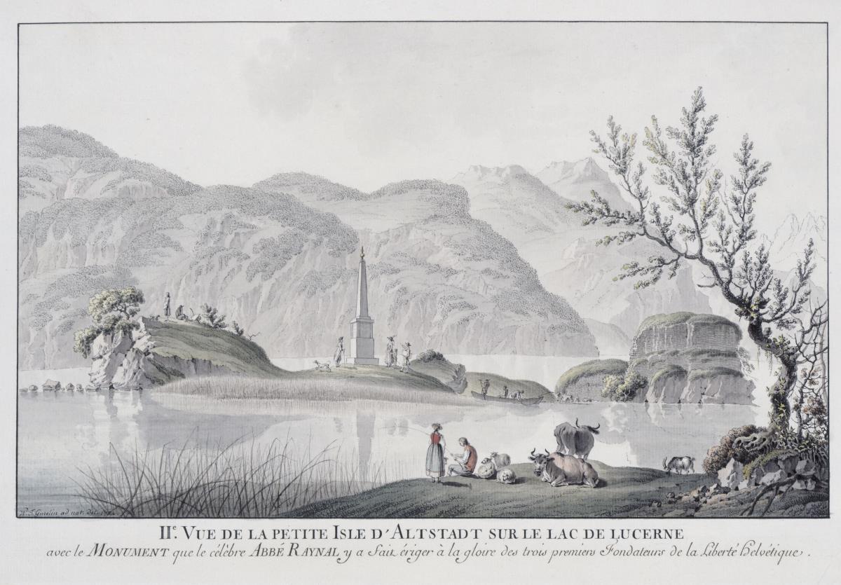 Die Insel Altstad im Vierwaldstätter See, mit einem Obelisken, vorn am Ufer ein Angler, ein Mädchen und Vieh. Unterschrift: IIme Vue de la petite isle d'Altstadt sur le lac de Lucerne avec le Monument que le celebre Abbe Raynal y a fait eriger à la gloire des trois premiers Fondateurs de la Liberte Helvetique