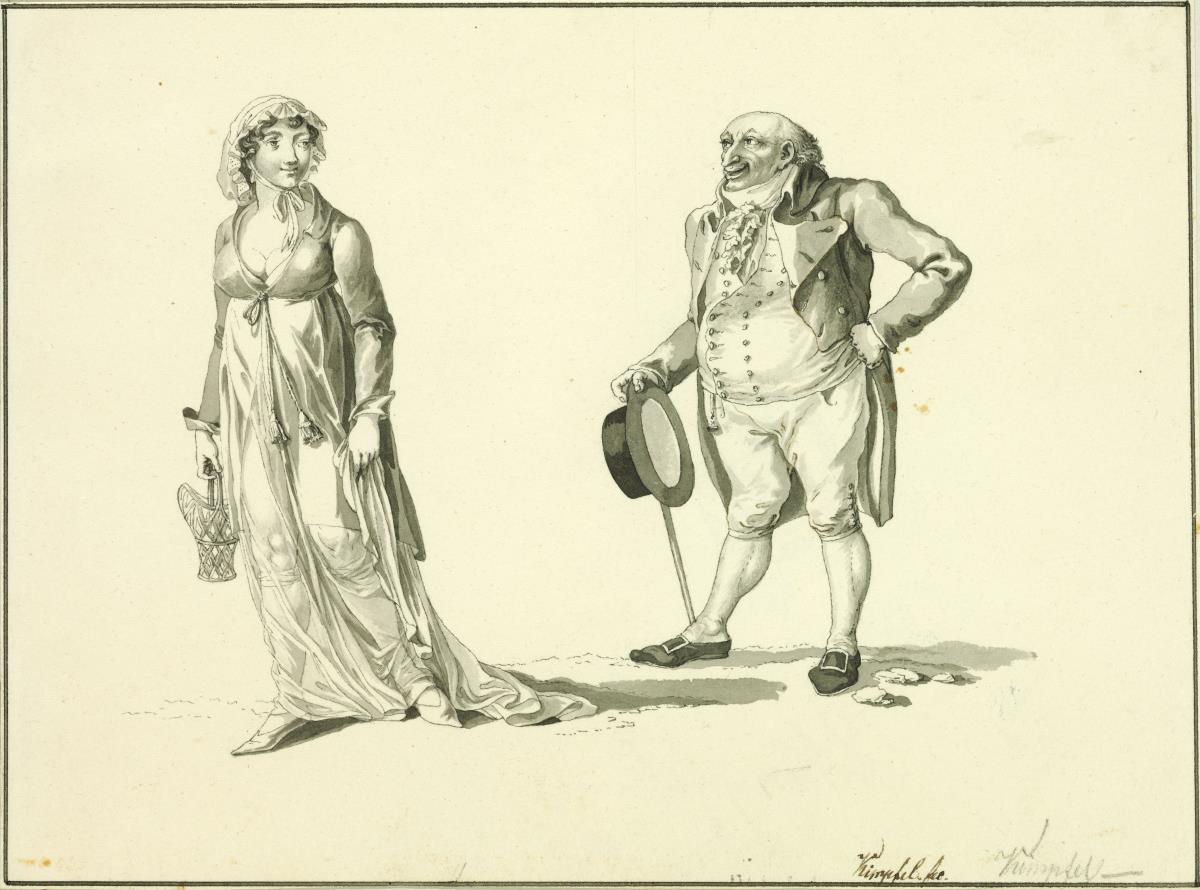 Dame in modischem Kostüm nach links gehend, rechts ein alter Geck