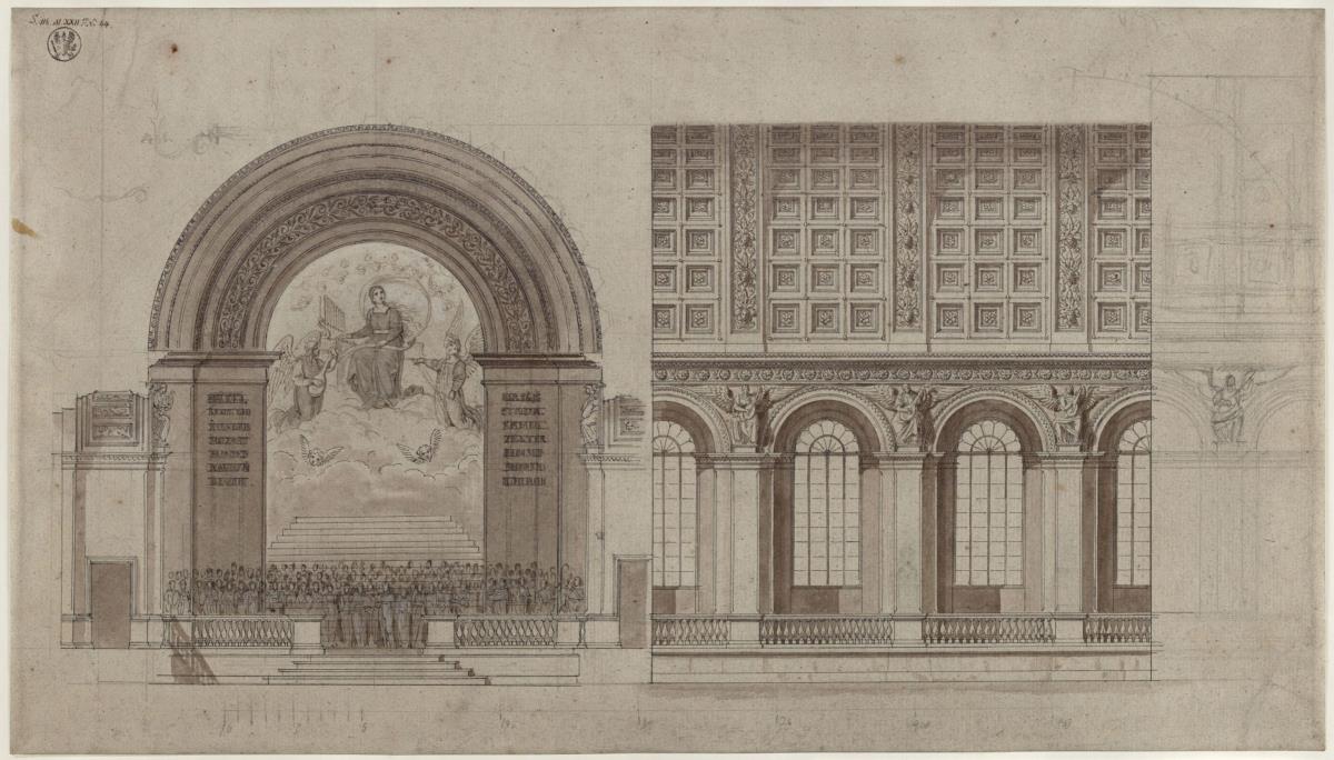 Berlin, Unter den Linden. Entwurf zu einem Saal für die Singakademie im rückwärtigen Flügel der Akademie der Künste. Querschnitt und Längsschnitt