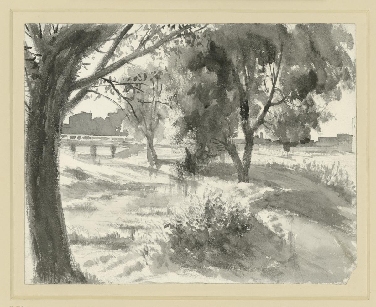 Landschaft mit Bach, Laubbäumen und Brücke, im Hintergrund Gebäude