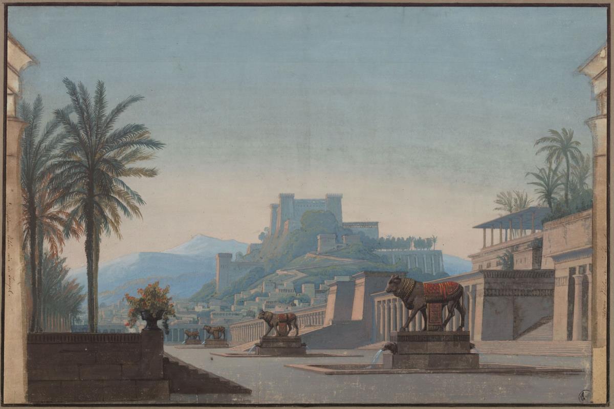 Athalia. Oper von Johann Nepomuk von Poissl. Entwurf zur 1. Dekoration. Ansicht von Jerusalem und der Burg Zion
